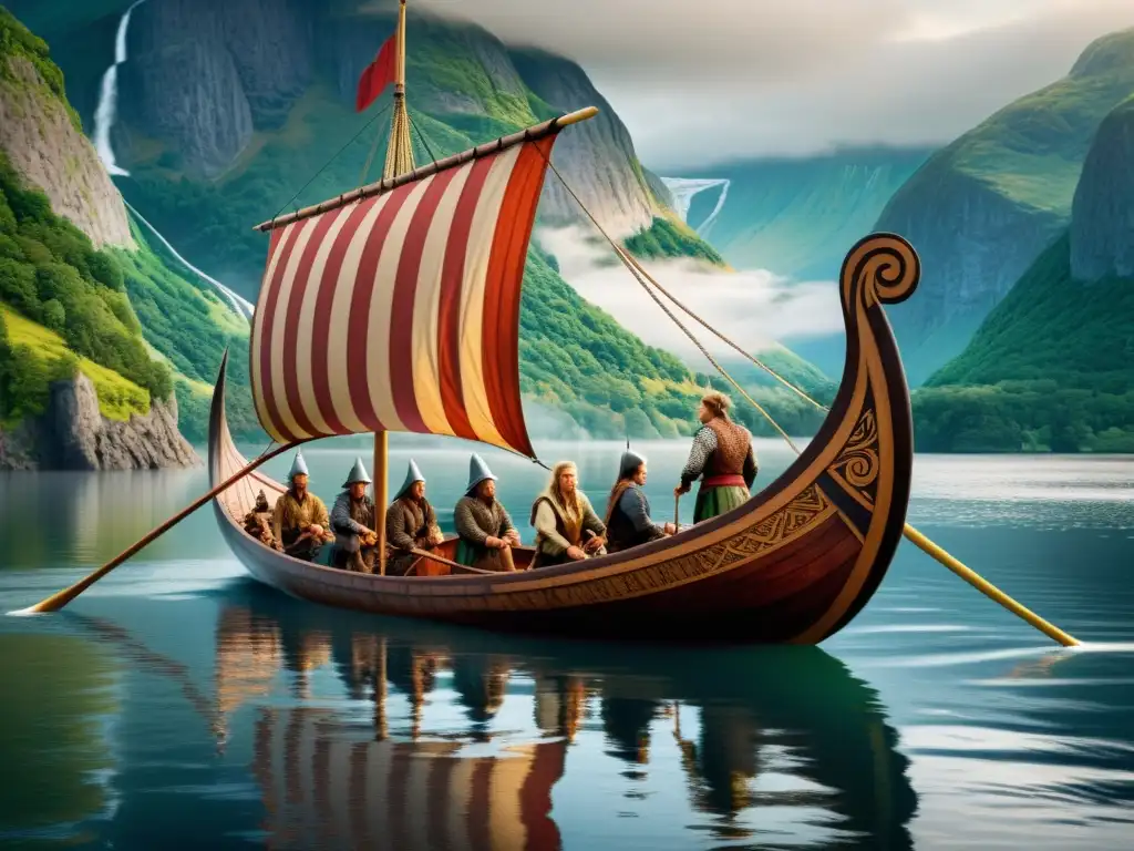 Una recreación detallada de un drakkar vikingo, con tallados en madera y equipo histórico, navegando en un fiordo