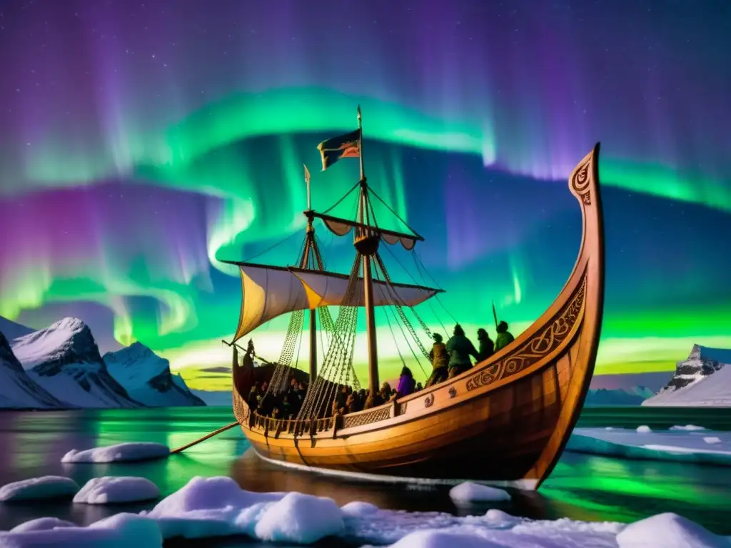 Una red diplomática vikinga reconstruyendo alianzas en un barco detalladamente tallado bajo la Aurora Boreal