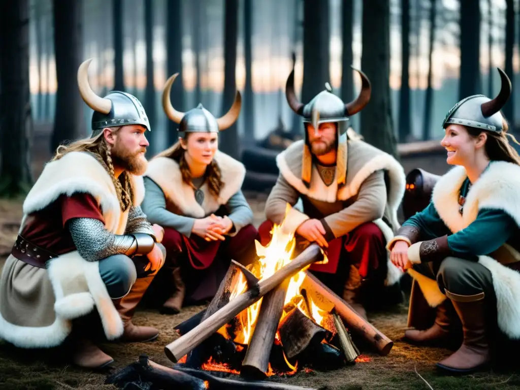 Reenactment de expediciones vikingas en Escandinavia: Grupo de guerreros vikingos alrededor de una hoguera en el bosque