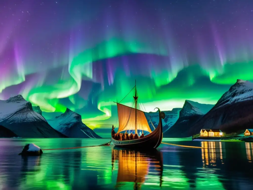 Relaciones amorosas vikingas: Un barco vikingo navega bajo la aurora boreal, mientras hombres y mujeres comparten momentos a bordo