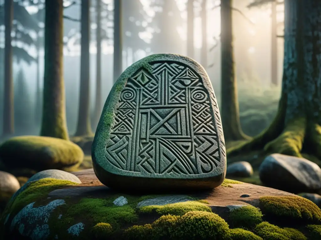 Relieve detallado de una piedra rúnica vikinga en un bosque escandinavo neblinoso con luz suave