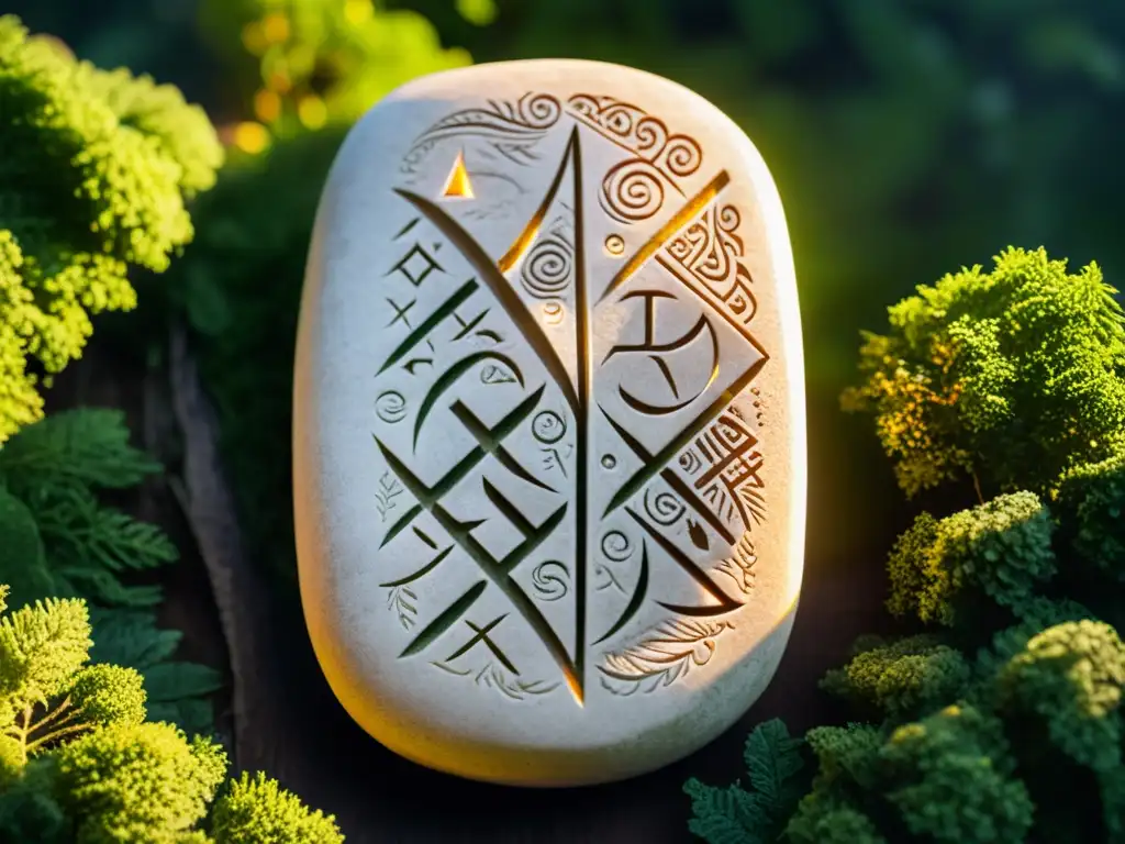 Relieve detallado de una piedra rúnica vikinga, iluminada por el sol poniente entre vegetación exuberante