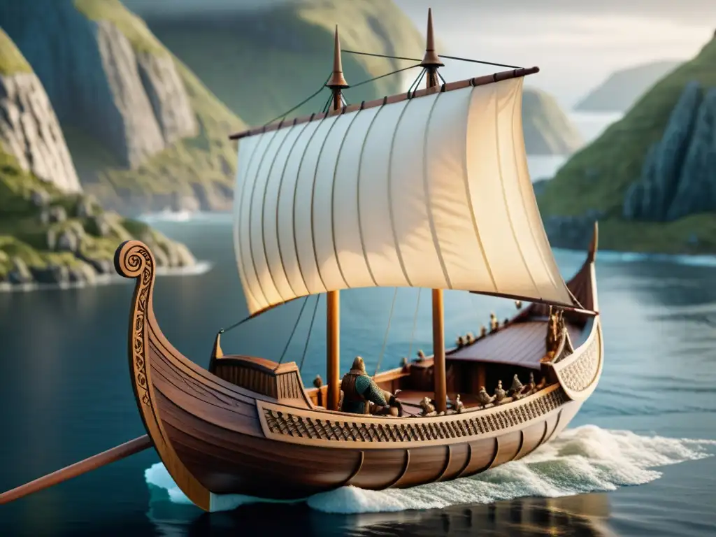 Una réplica detallada de un barco vikingo, con intrincados detalles de madera y velas realistas, frente a un paisaje nórdico con montañas neblinosas