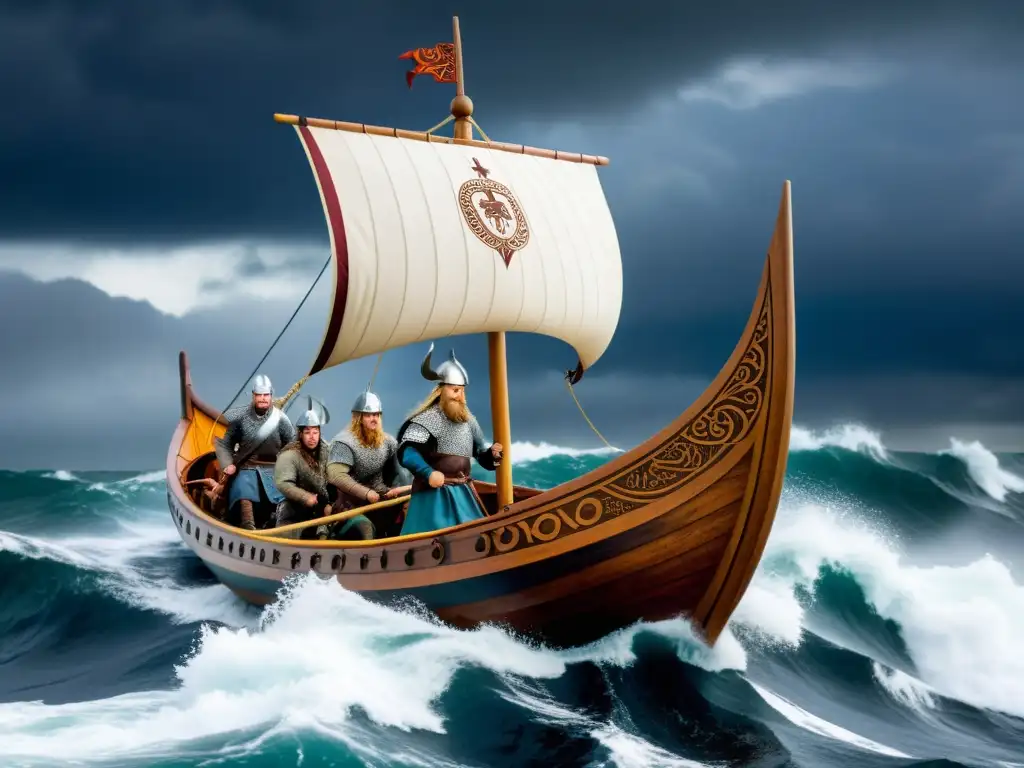 Una réplica detallada de un drakkar vikingo navegando en mares turbulentos, tripulada por guerreros vikingos