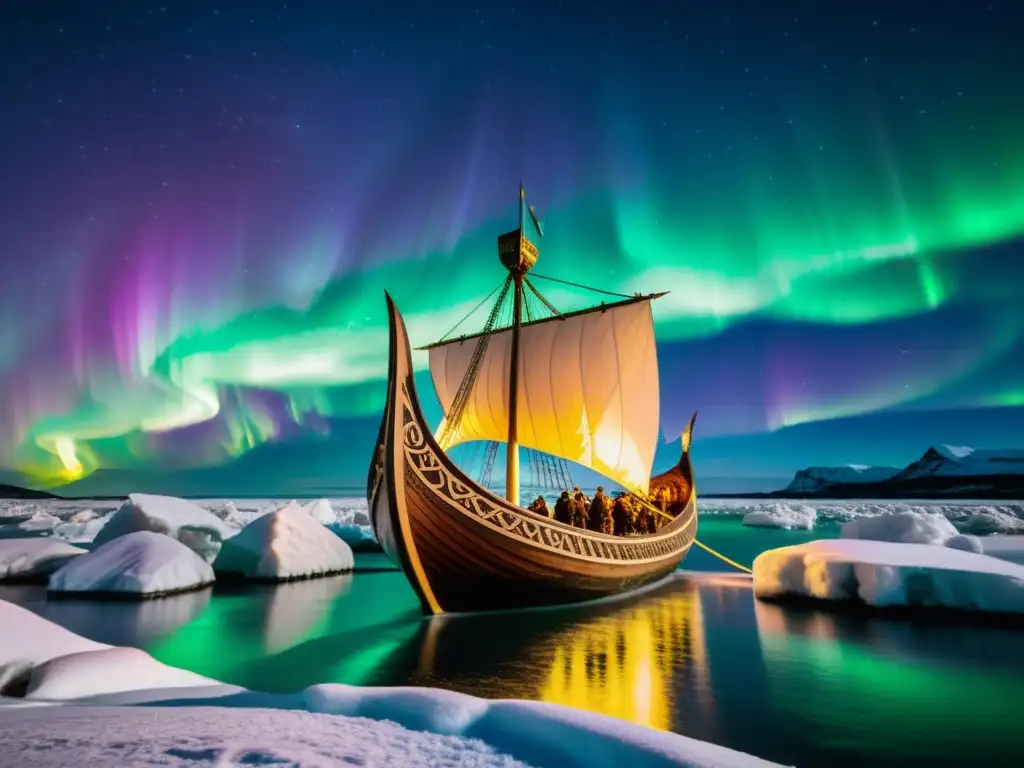 Una réplica detallada de un drakkar vikingo navega bajo la aurora boreal en aguas heladas, destacando símbolos vikingos en su casco