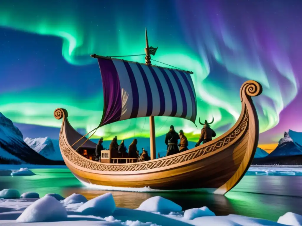 Una réplica moderna de un barco vikingo navega bajo las auroras boreales en aguas heladas, destacando las reconstrucciones modernas arte vikingo