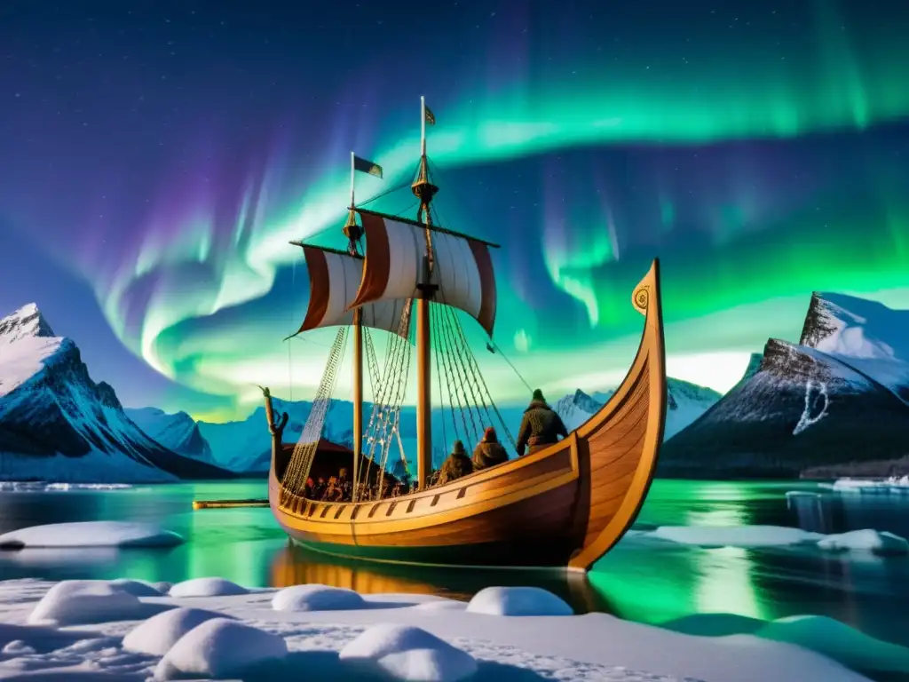 Una réplica moderna de un drakkar vikingo navegando bajo la aurora boreal con una tripulación diversa y atuendo vikingo, fusionando tradiciones ancestrales con exploración contemporánea