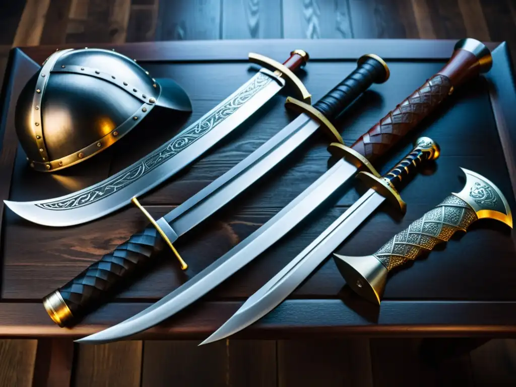 Réplicas de armas vikingas educativas detalladamente exhibidas en mesa de madera oscura
