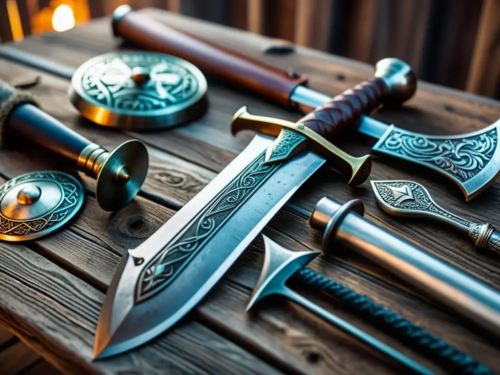 Réplicas de armas vikingas educativas exhibidas en mesa rústica bajo luz suave