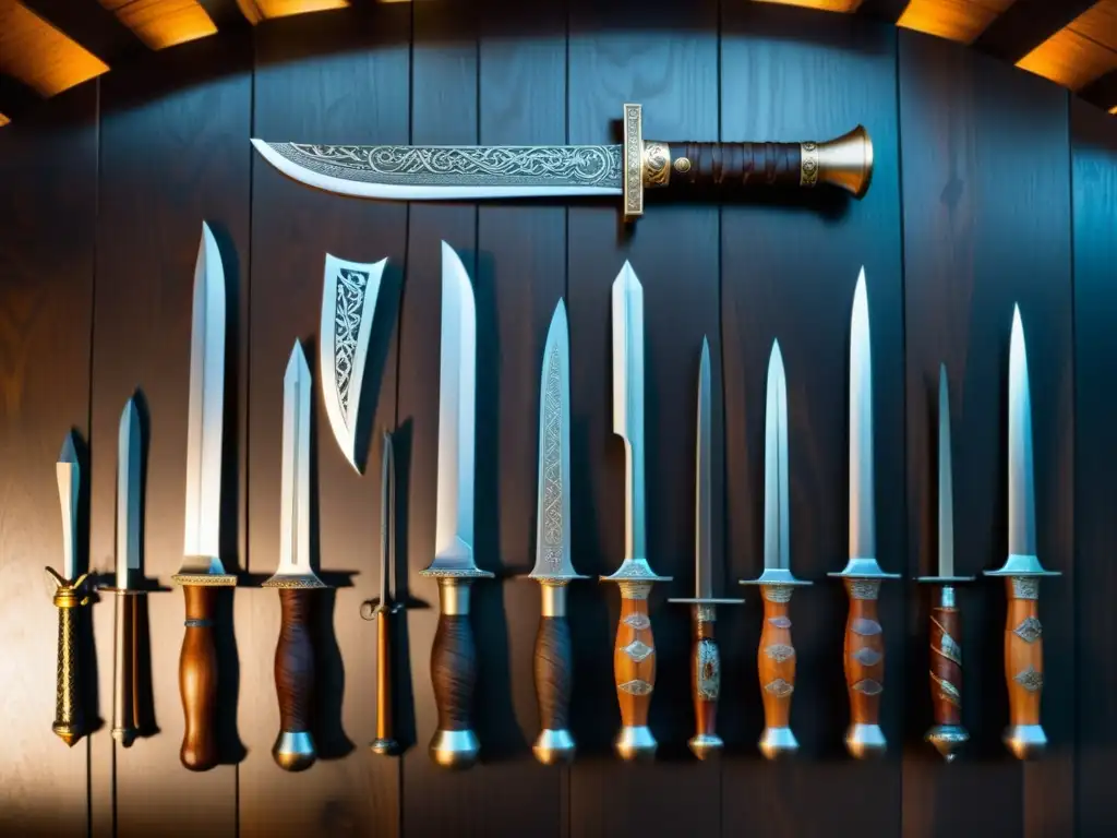 Réplicas de armas vikingas educativas detalladas en mesa de museo iluminada