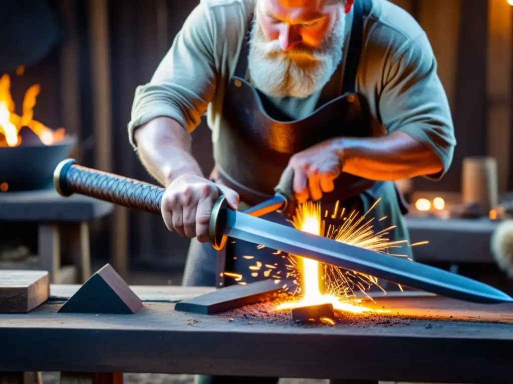 Forjando réplicas de armas vikingas uso diario con pasión ancestral en un taller iluminado