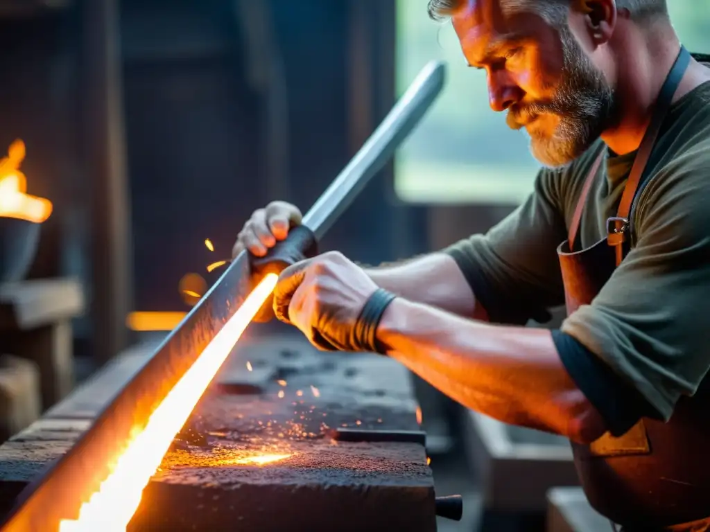 Forjando réplicas de armas vikingas uso diario en la fragua, entre chispas y metal ardiendo