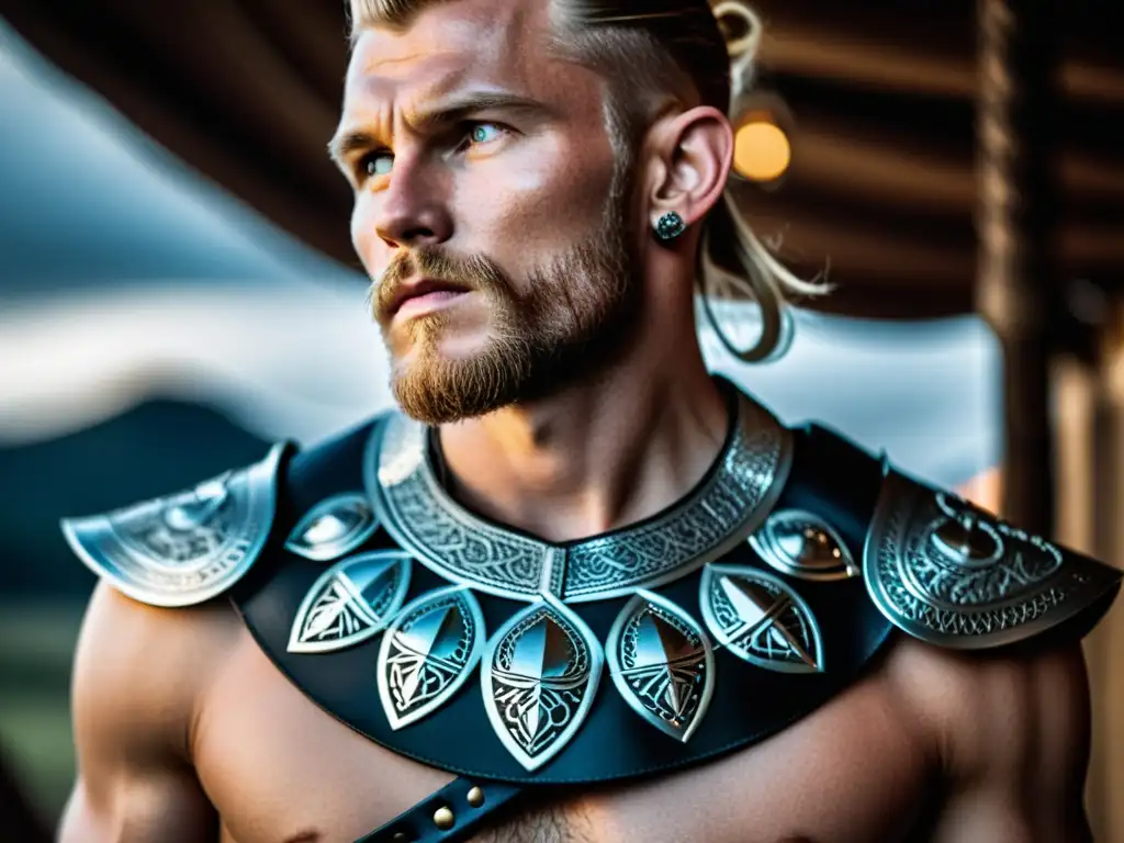 Réplicas auténticas de vestimenta vikinga: detallada imagen de un modelo vistiendo una pieza de cuero inspirada en vikingos