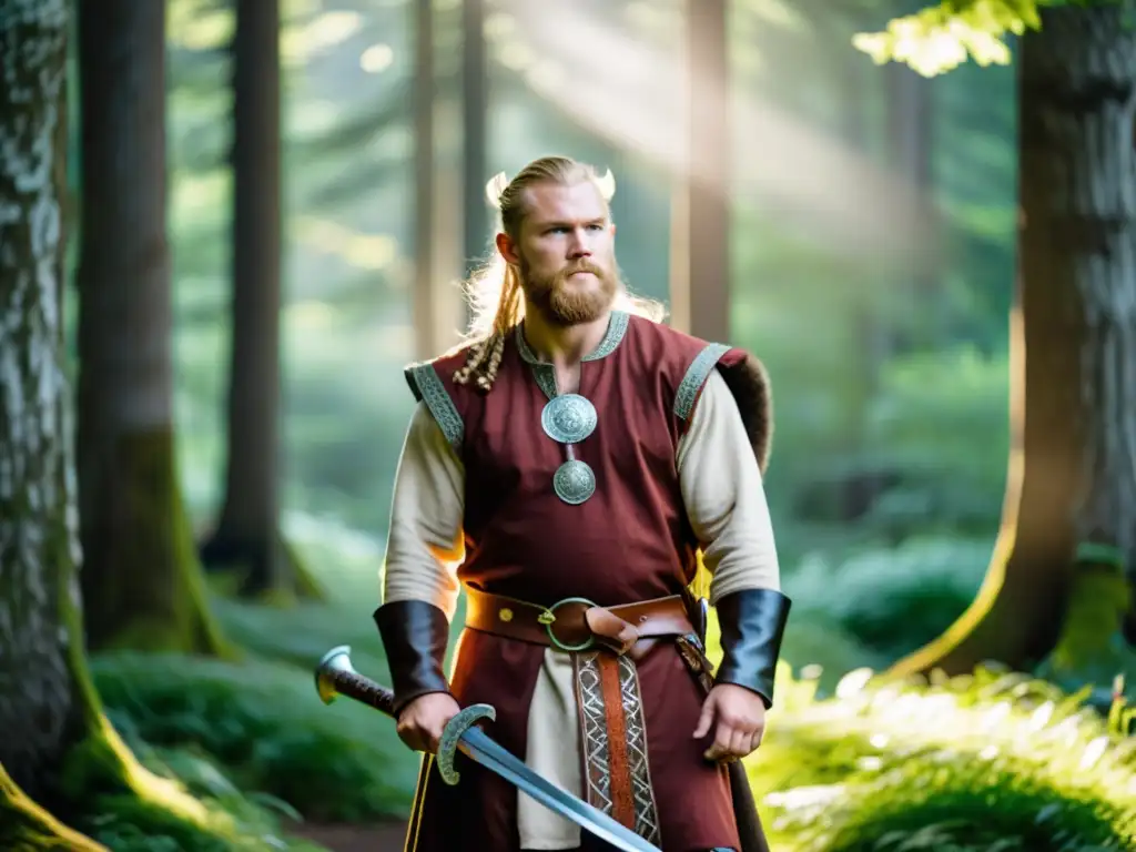 Réplicas auténticas vestimenta vikinga: Reenactor vikingo con detallada indumentaria en el bosque soleado