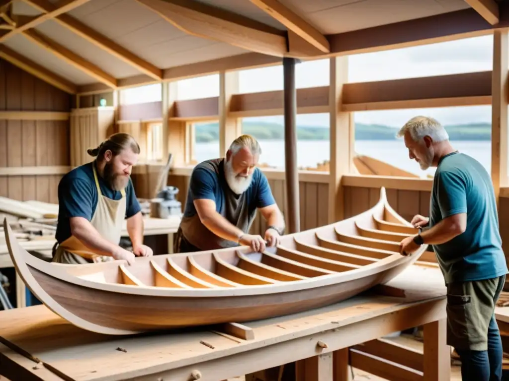 Réplicas exactas de barcos vikingos: Artesanos expertos tallan detallados diseños en la madera de un drakkar, bajo la cálida luz del taller