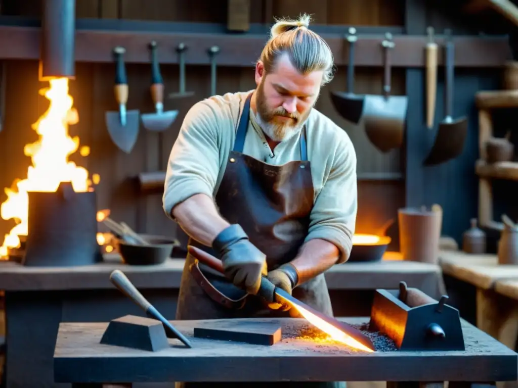 Un hábil herrero forjando réplicas hachas vikingas de acero en su taller tradicional