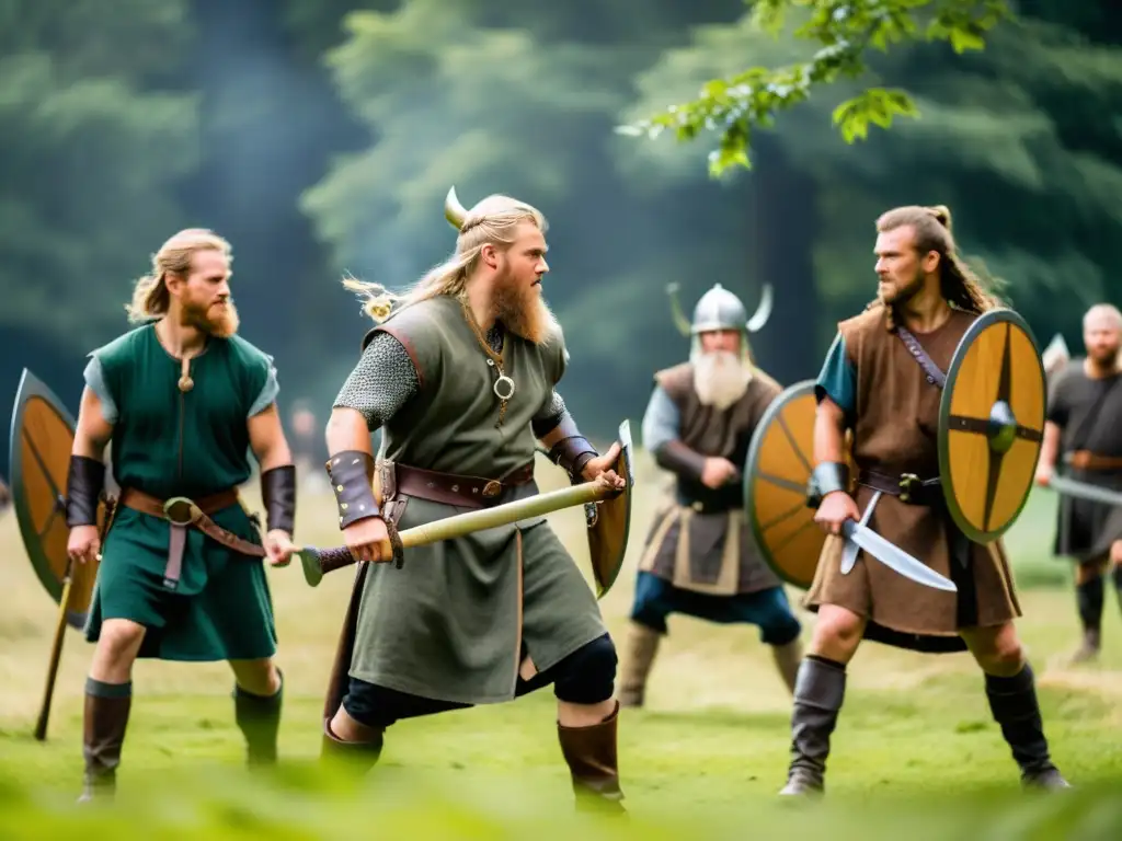 Réplicas hachas vikingas en intensa recreación histórica entre guerreros vikingos en el bosque