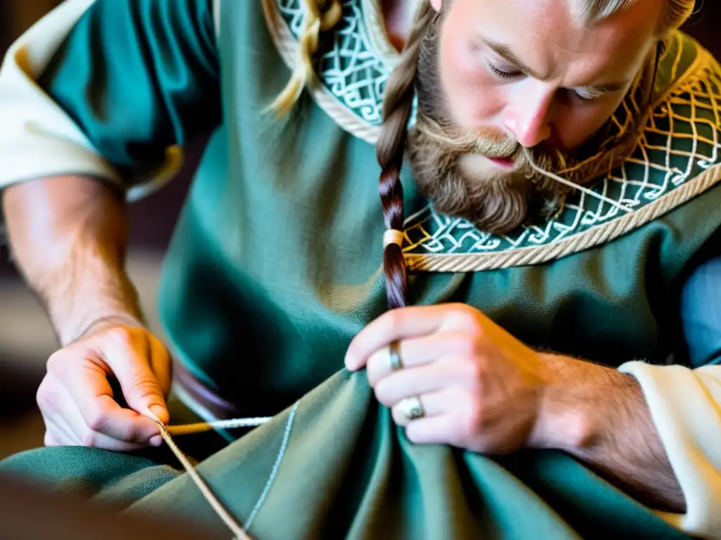 Réplicas de ropa vikinga de calidad: Detalle excepcional de artesano cosiendo prendas vikingas