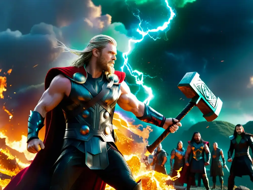 Representaciones del Ragnarök en cine: Thor enfrenta a Hela en la épica batalla final de 'Thor: Ragnarok', rodeado de caos y llamas
