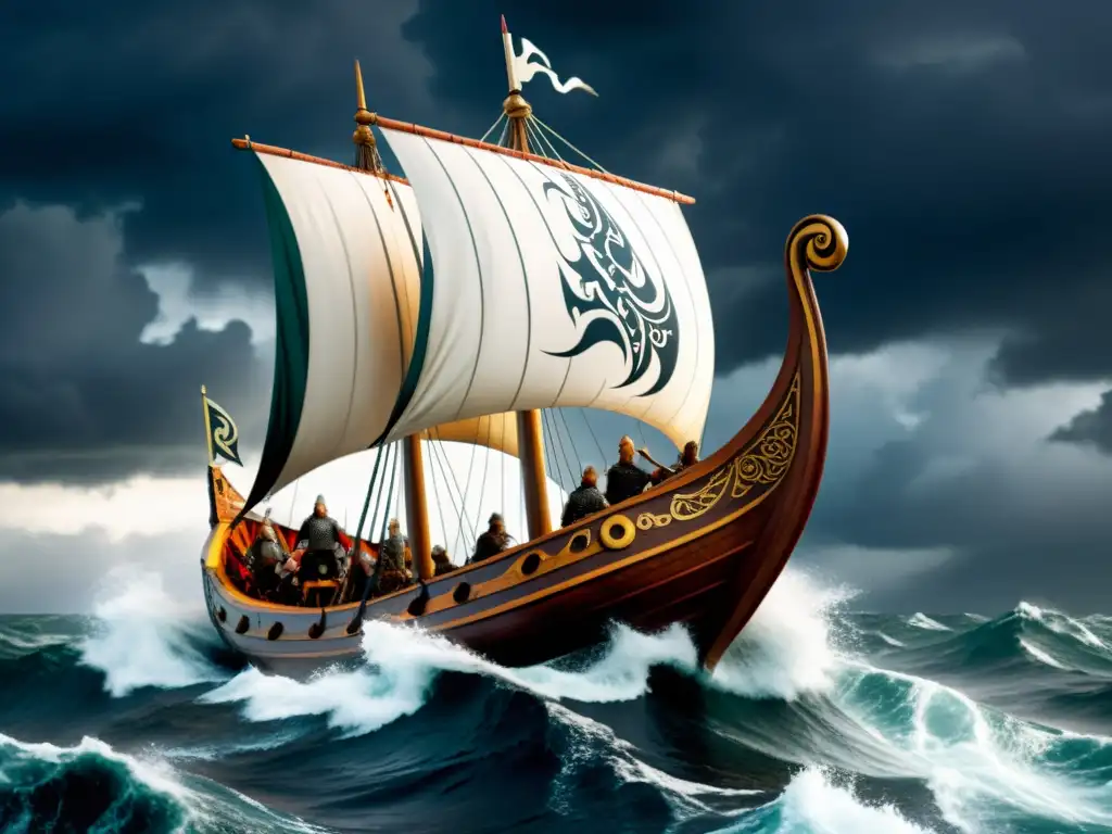 Representaciones vikingas en videojuegos: Vikingos en un barco enfrentando tormenta en alta mar, con cielo oscuro y relámpagos