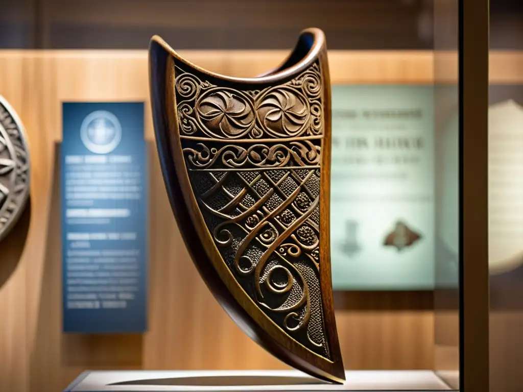 Una fotografía de alta resolución de un artefacto vikingo perfectamente conservado, exhibido en un museo bajo una suave luz natural