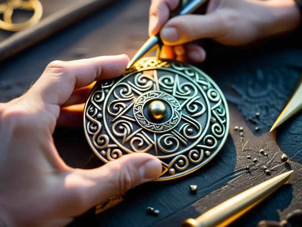 Restauración de joyas vikingas antiguas: Detalle de artesano restaurando broche vikingo con símbolos e intrincados patrones en taller iluminado con herramientas antiguas