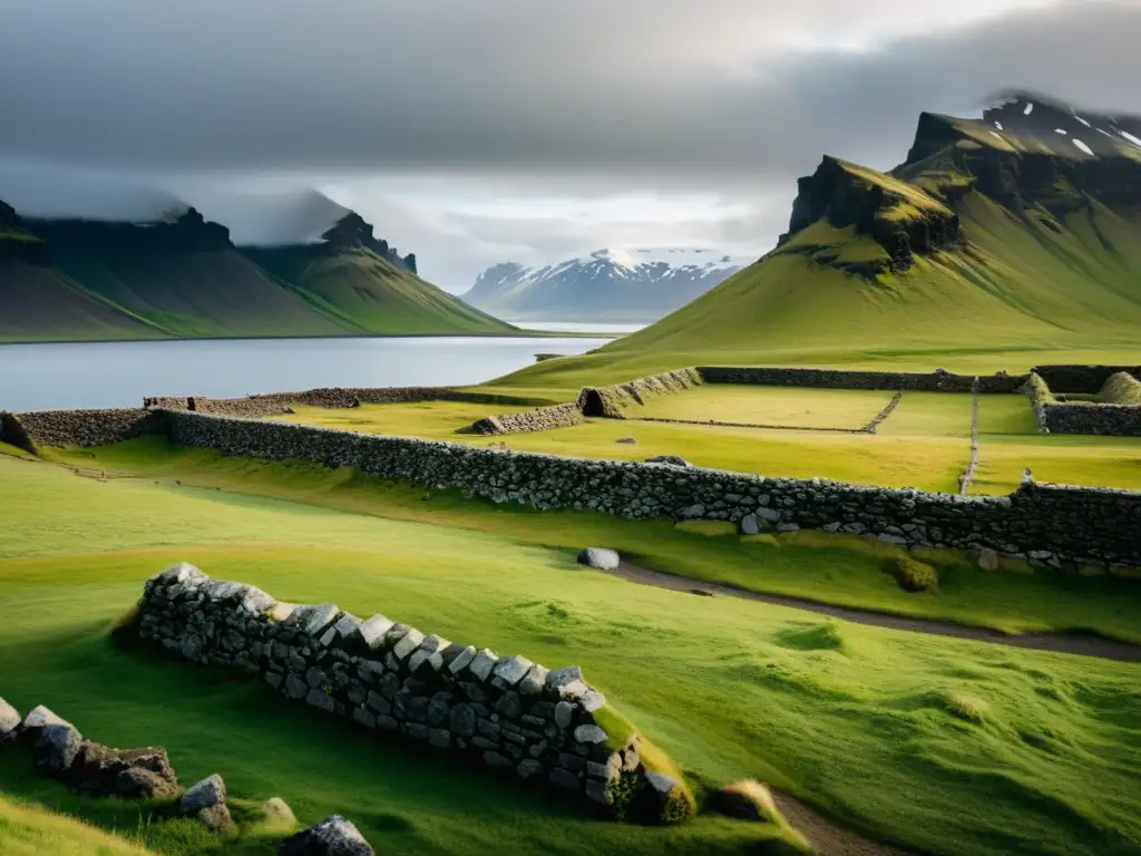 Los restos de un asentamiento vikingo en Islandia, con paredes de piedra cubiertas de musgo en un paisaje dramático