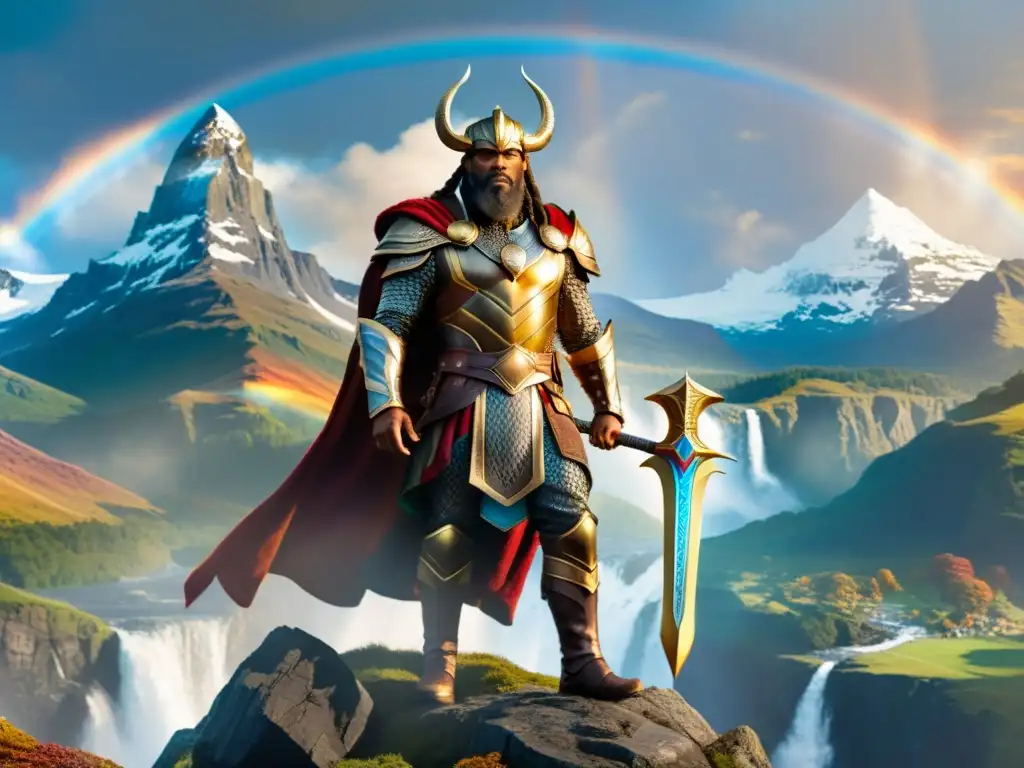 Un retrato detallado de Heimdall, guardián de Bifrost, con armadura reluciente y expresión vigilante, en el puente arcoíris de Asgard