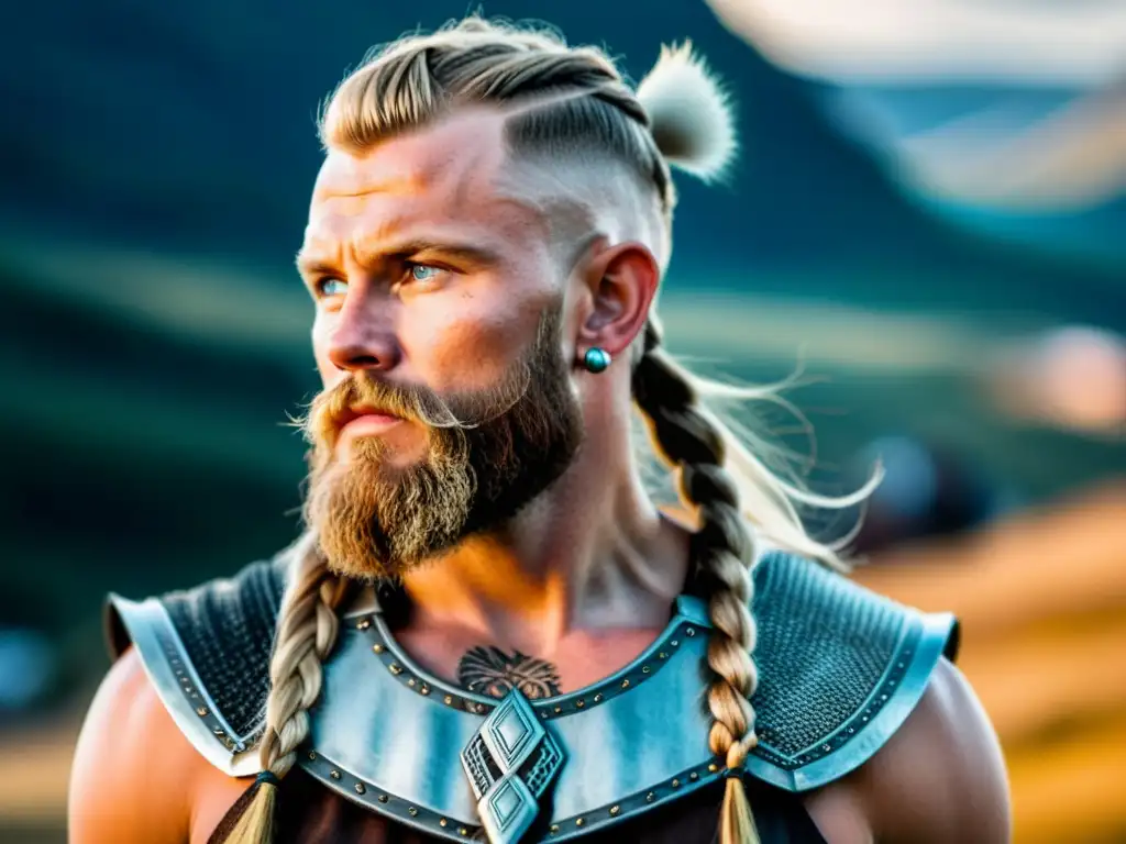 Retrato de un guerrero vikingo moderno con peinados vikingos para hombres modernos