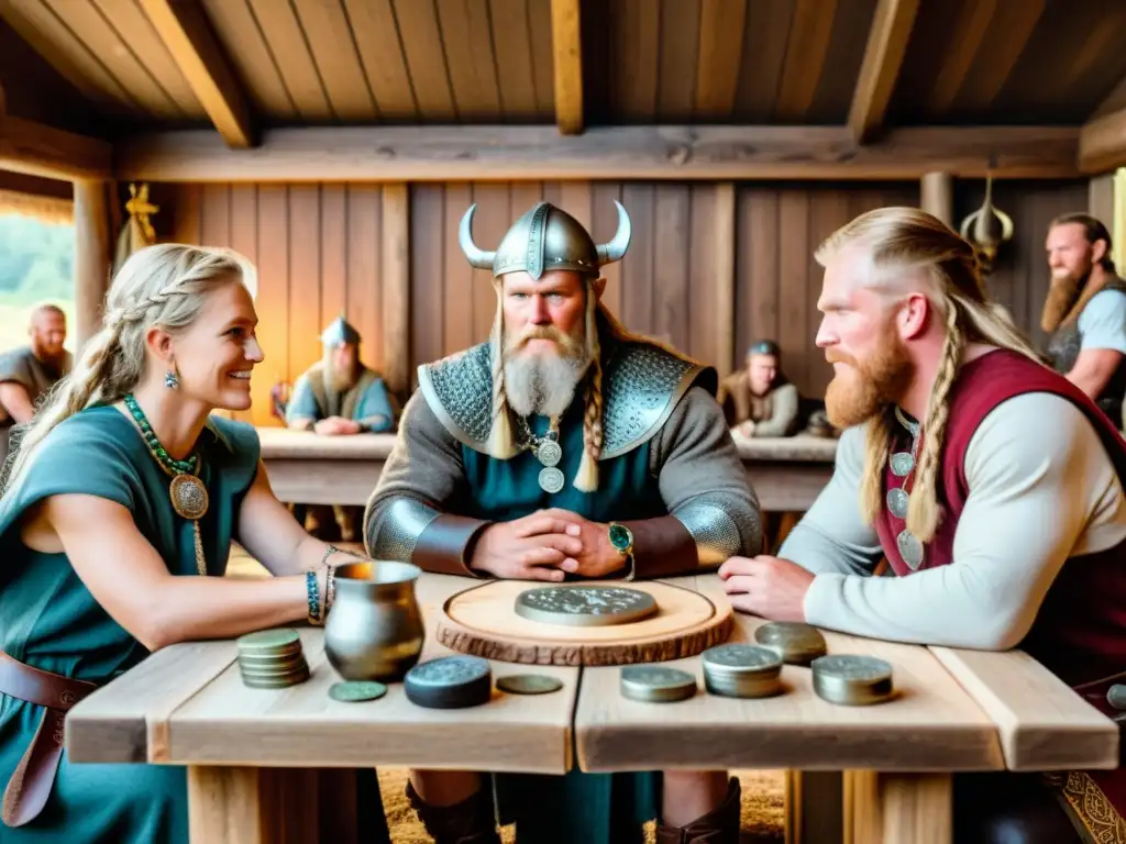 Reunión de clan vikingo planificando estrategias de inversión y ahorro