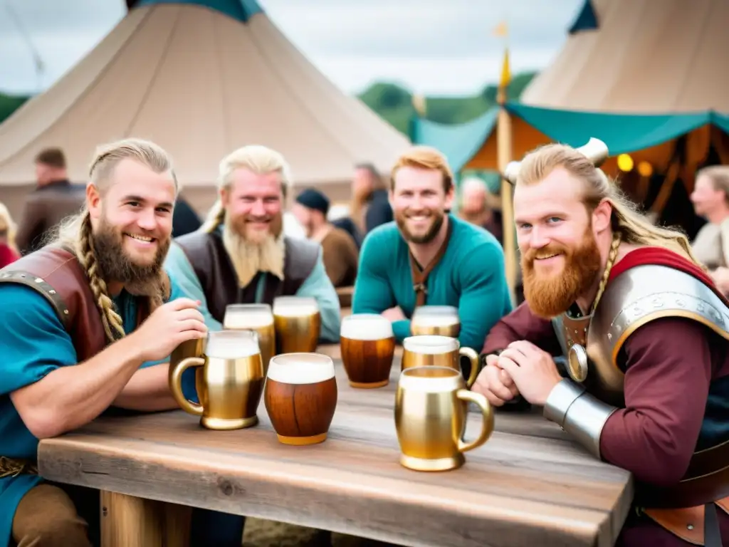 Reunión en mercado temático vikingo con bebidas vikingas en mesa de madera rodeada de gente vestida tradicionalmente