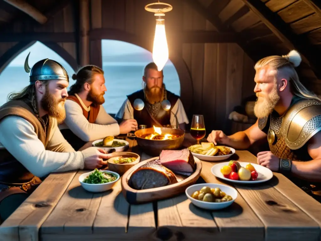 Reunión vikinga en un festín tradicional con gastronomía vikinga para paladar moderno