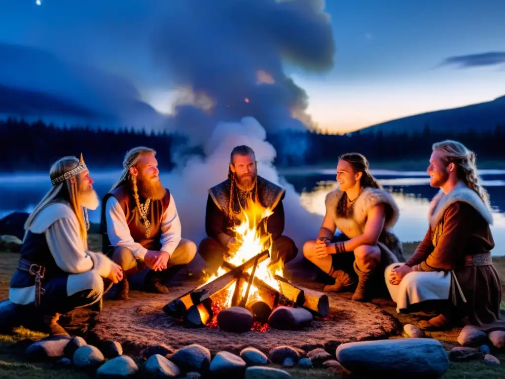 Ceremonia vikinga alrededor de una hoguera en la noche estrellada Reunión vikinga alrededor de la hoguera bajo el cielo estrellado, en ritual místico