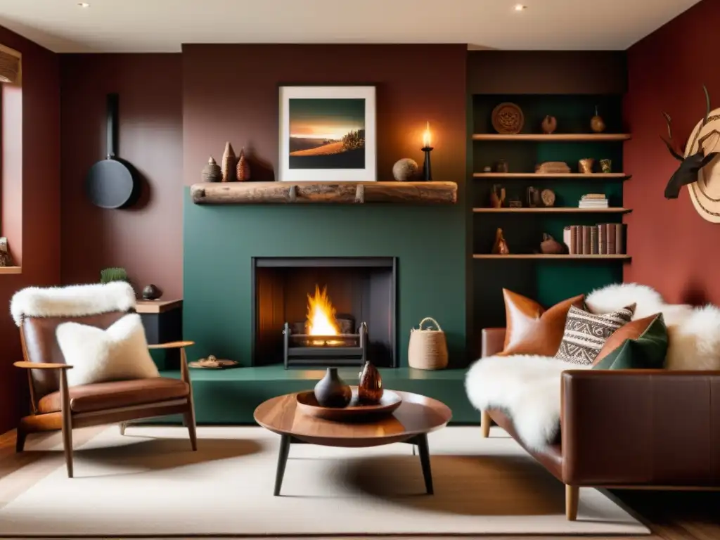 Acogedor rincón vikingo: decoración nórdica en tonos terrosos Un rincón acogedor estilo vikingo en una sala con tonos tierra y símbolos nórdicos tallados