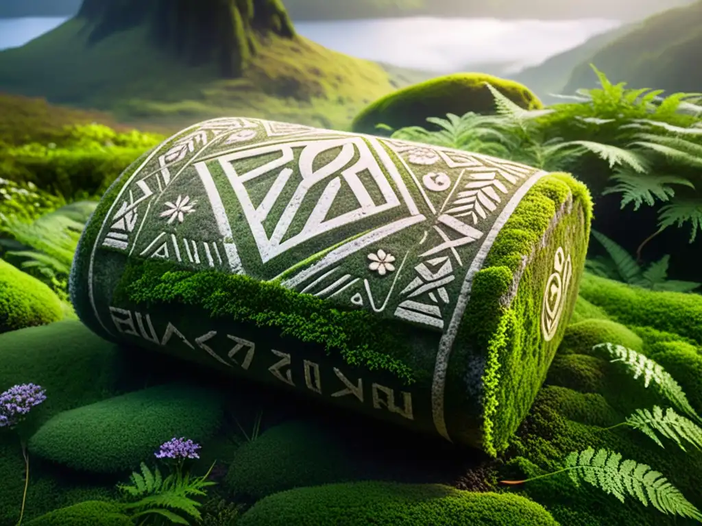 Reliquia rúnica en bosque místico: conexión espiritual ancestral Ritos antiguos para sanación: Piedra rúnica en místico bosque con musgo, flores silvestres y rayos de luz