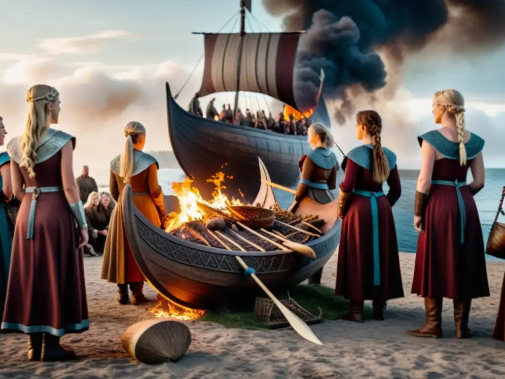 Ritos funerarios mujeres vikingas: Vikingas preparan funeral para guerrera caída con determinación y reverencia