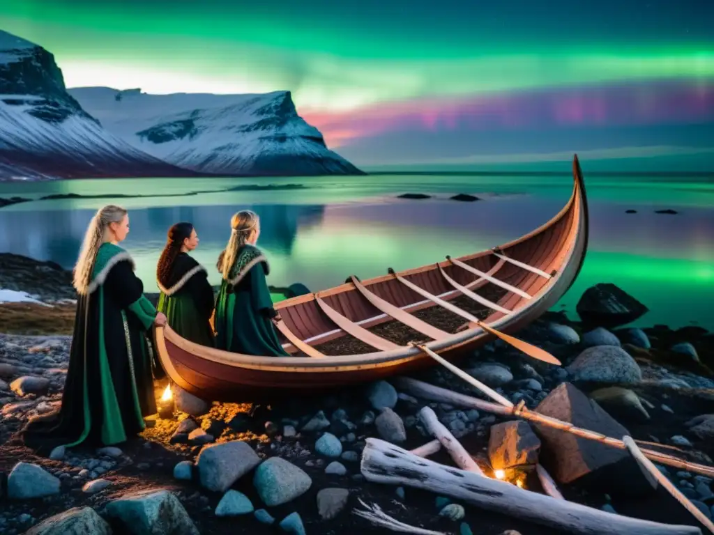 Ritos funerarios de mujeres vikingas honrando a su compañera caída bajo la aurora boreal en la costa rocosa