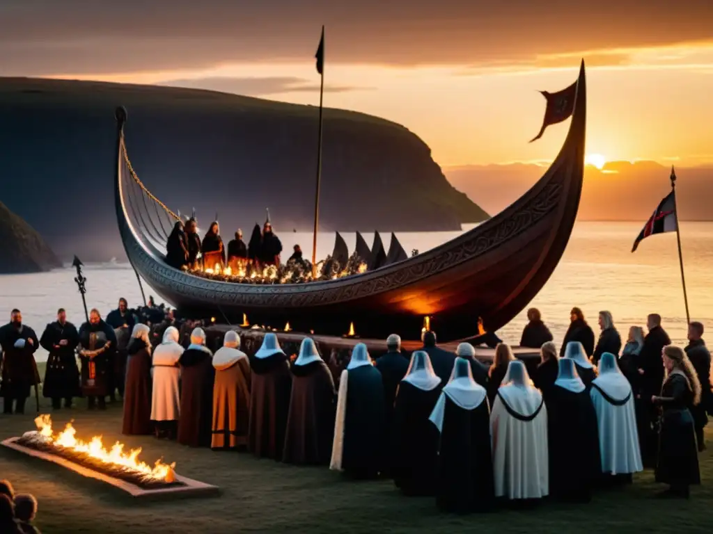 Ritos funerarios de mujeres vikingas en ceremonia al atardecer, con barco adornado y guerreros en luto con antorchas