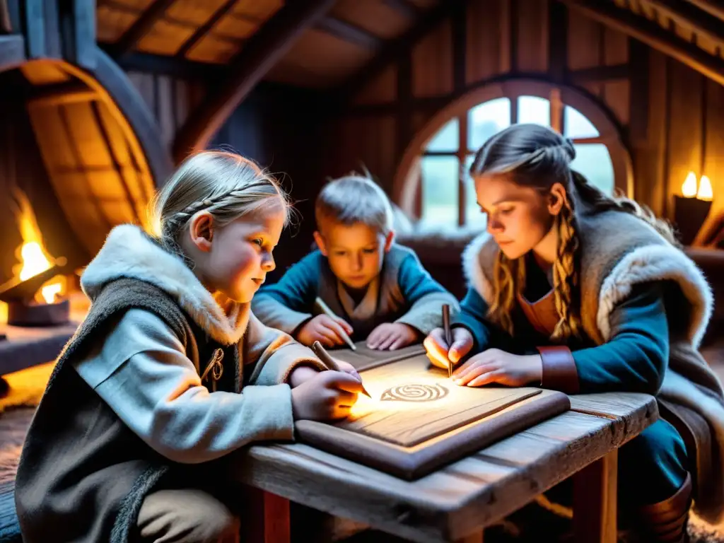 Ritos de paso en la infancia vikinga: niños aprendiendo runas y navegación, escuchando historias en una cálida casa vikinga iluminada por antorchas