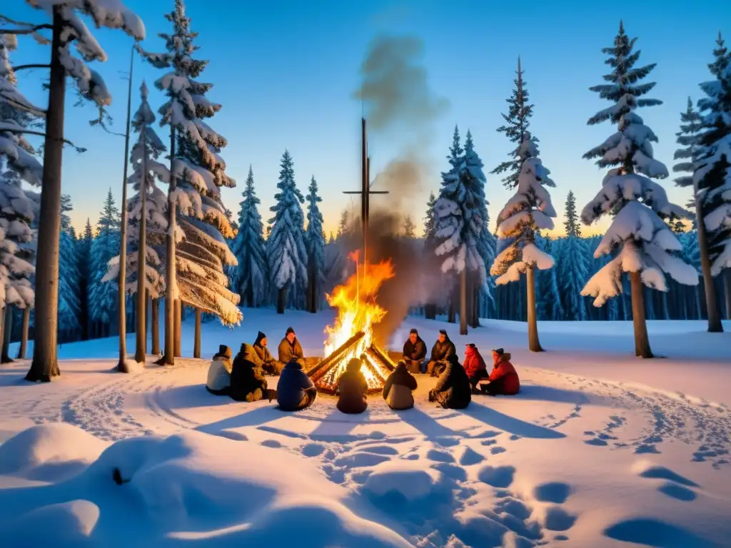 Ritual de adoración al Dios Ullr, el dios nórdico del esquí y la caza mayor, en un bosque nevado