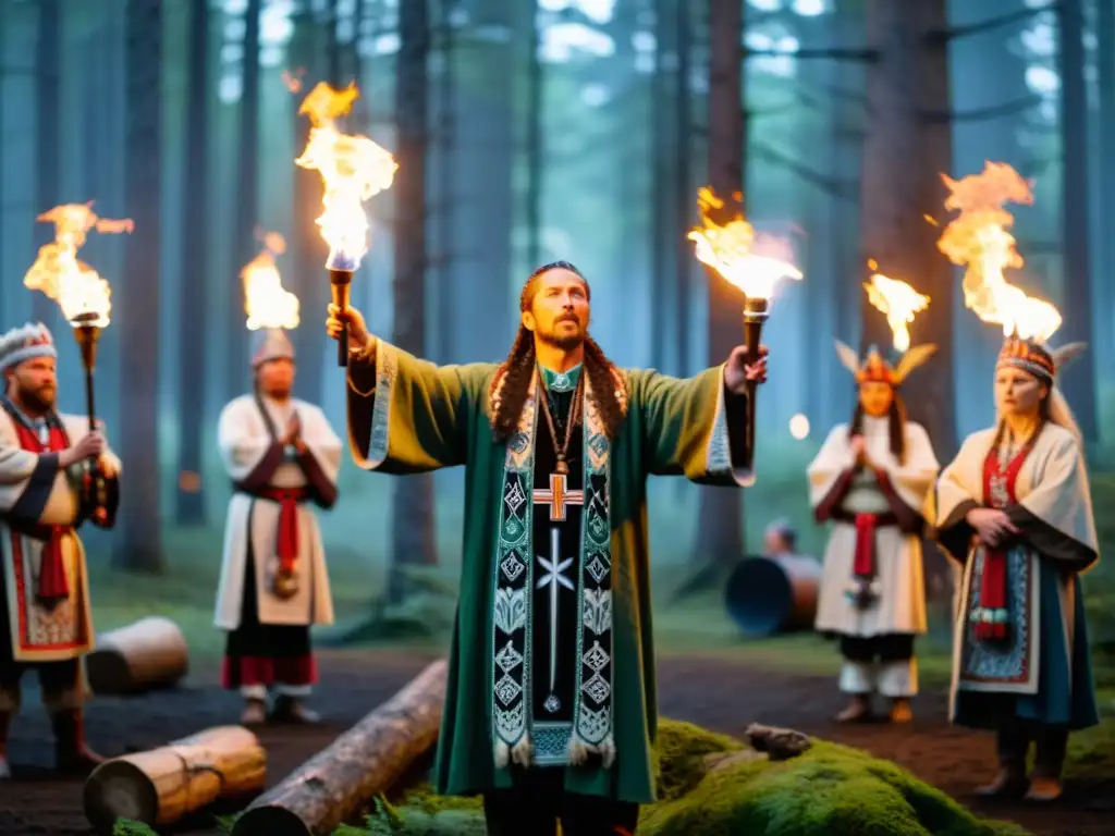 Un ritual chamánico en el bosque nórdico: individuos con atuendos tradicionales entre antiguos árboles