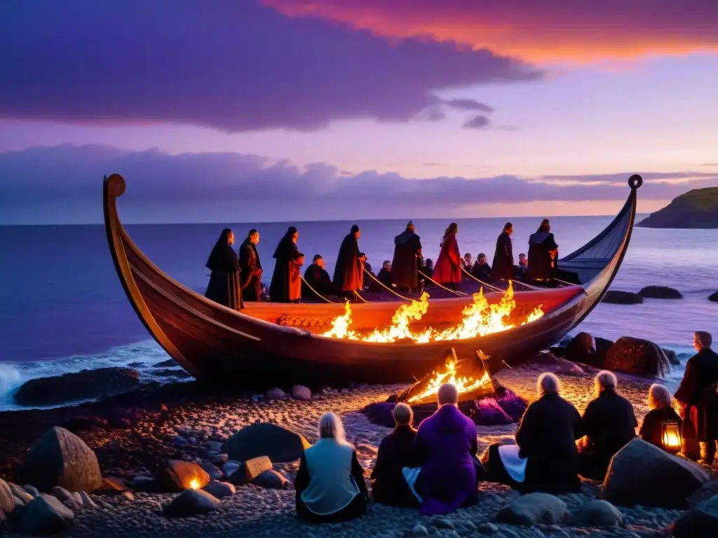 Un ritual funerario vikingo en honor a los caídos, con un barco en llamas en la orilla rocosa al atardecer