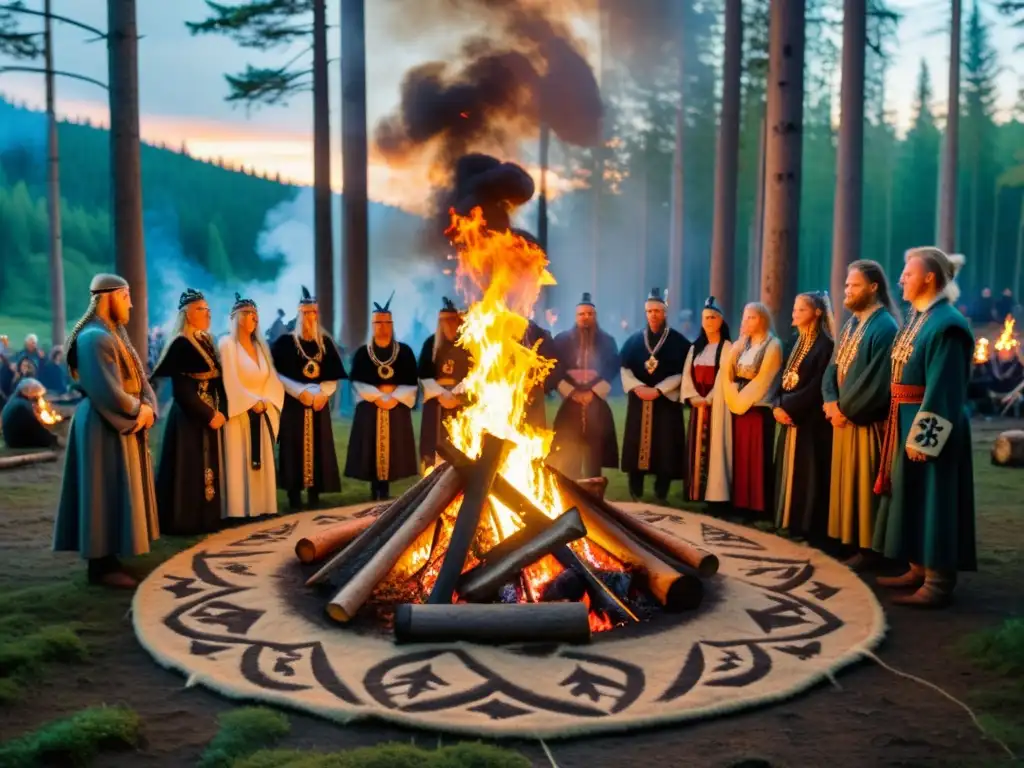 Un ritual neopagano nórdico en la actualidad: místico grupo alrededor de fogata en bosque