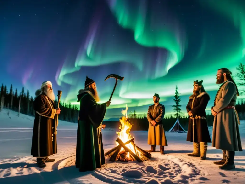 Un ritual neopagano nórdico en la actualidad: personas vestidas con atuendos tradicionales, rodeando una fogata sagrada bajo las Luces del Norte