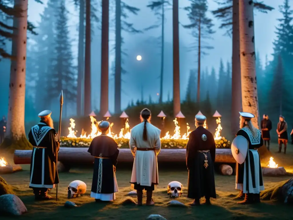 Un ritual neopagano nórdico en el bosque: participantes visten atuendos tradicionales, rodean un altar de piedra con runas y calaveras