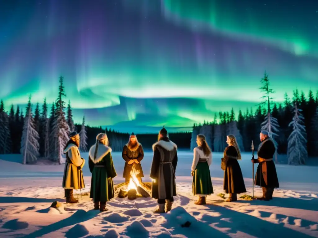 Ritual de sanación nórdico bajo la aurora boreal, invocando la Diosa de la Sanación Nórdica