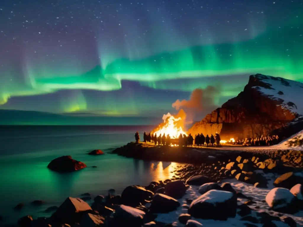 Un ritual vikingo funerario en la costa rocosa, con un barco en llamas y guerreros de luto bajo las estrellas y auroras boreales