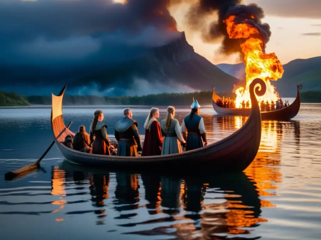 Un ritual vikingo en un lago al atardecer: figuras solemnemente alrededor de un barco en llamas