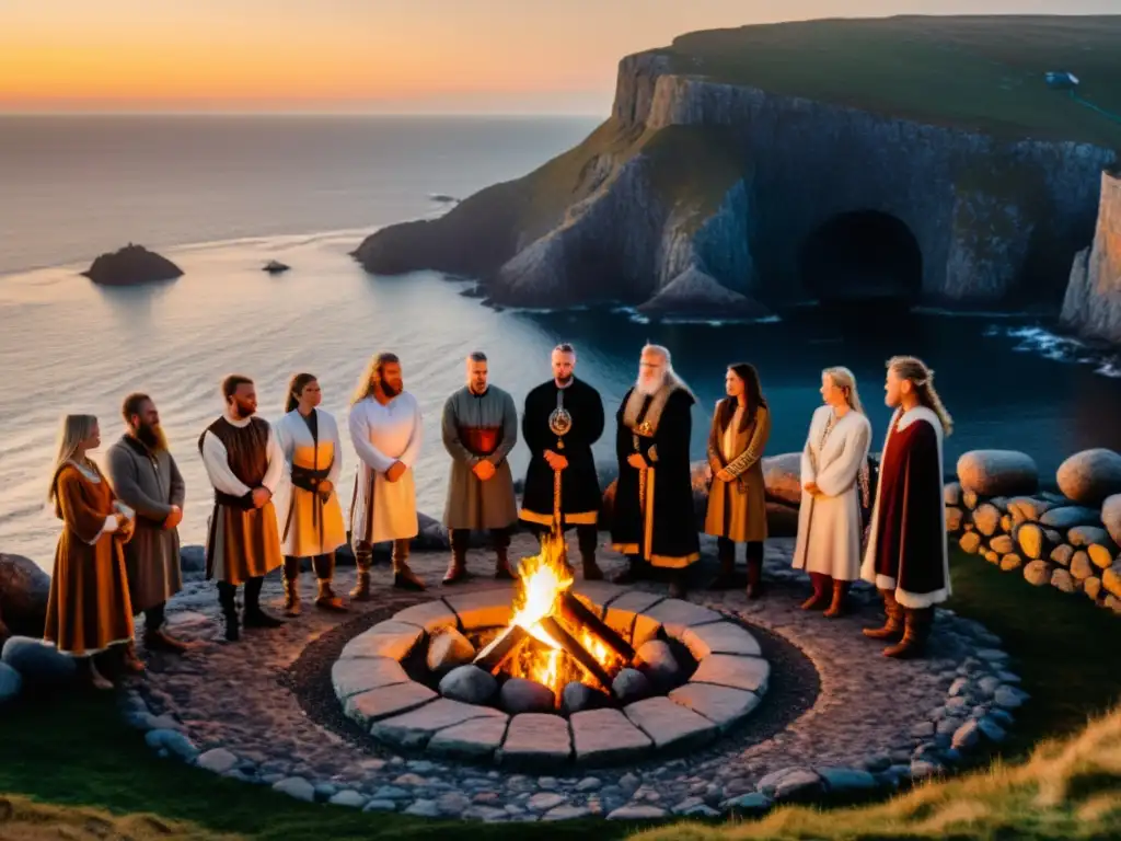 Un ritual vikingo moderno en un acantilado rocoso con vistas al mar al atardecer