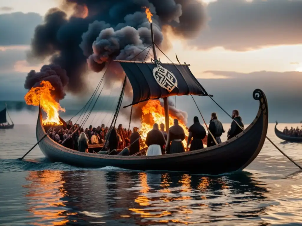 Un ritual vikingo con ofrendas alimenticias en un funeral: un barco en llamas en el mar, rodeado de vestimenta vikinga y símbolos